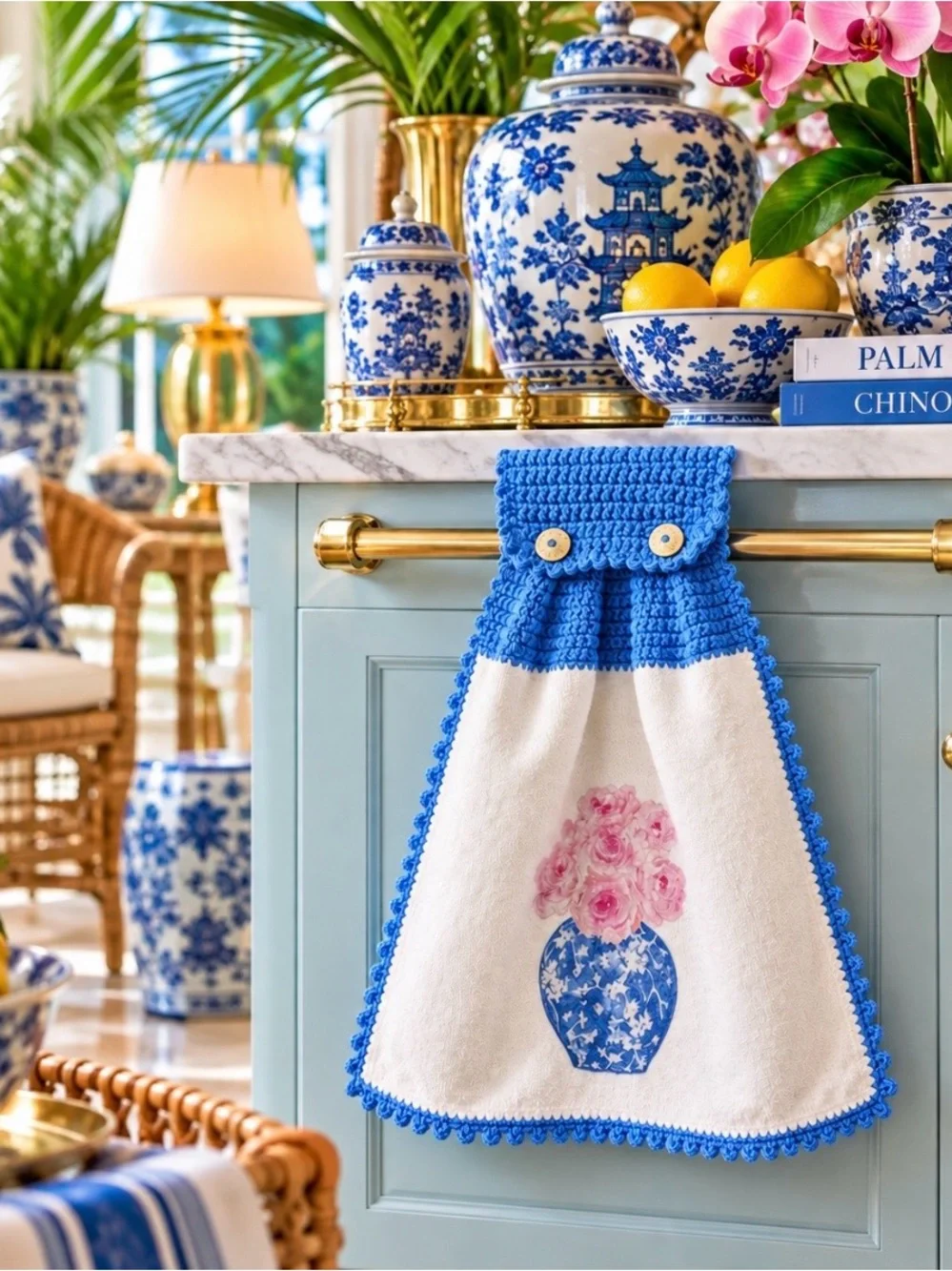 Handmade Crochet Hanging Kitchen Towel Chinoiserie Blue White Roses